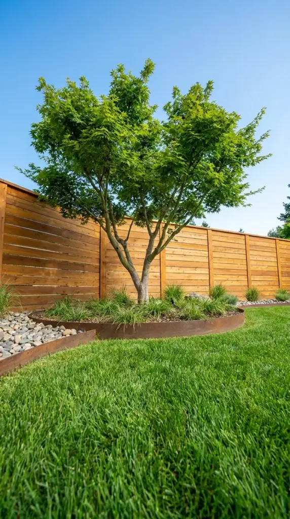 Proper tree spacing from a fence line to create landscape depth and protect tree roots in a small backyard.