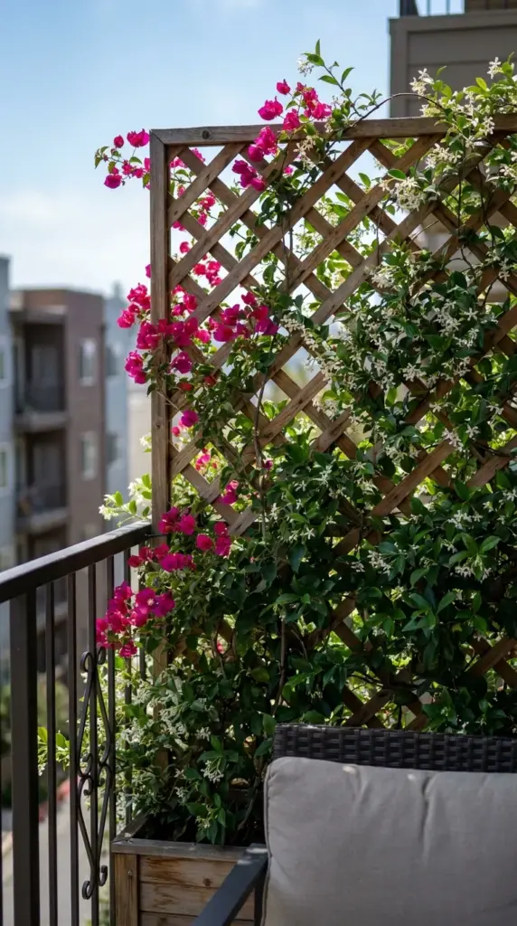 Balcony privacy screen made of wooden trellis and blooming climbing vines blocking out the city view.