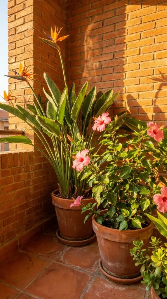 Tropical microclimate balcony garden featuring blooming hibiscus and bird of paradise plants against a brick wall.