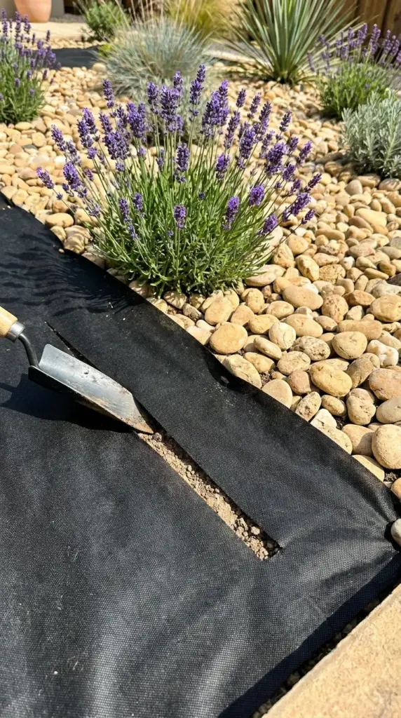 Slicing a weed barrier landscape fabric to prevent root rot and improve soil drainage.