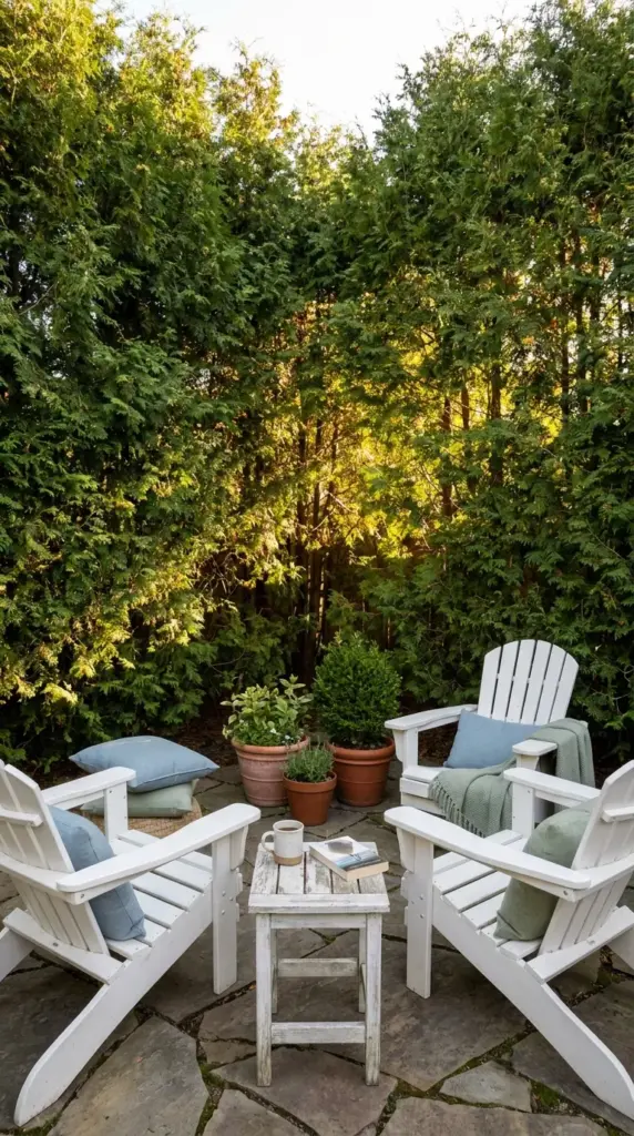 A peaceful backyard sanctuary design featuring relaxing chairs hidden securely behind tall evergreen privacy screens.
