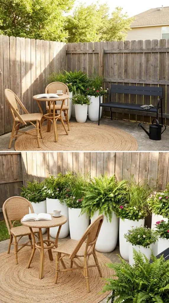 Small patio separated into distinct dining and lounging zones using tall planters and outdoor rugs.