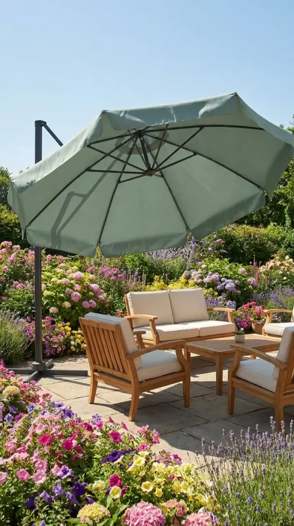 An oversized cantilever umbrella providing flexible shade over a roofless patio furniture set.