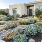 Beautiful high-end front yard xeriscape transformation with modern drought-tolerant landscaping.