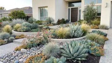 Beautiful high-end front yard xeriscape transformation with modern drought-tolerant landscaping.