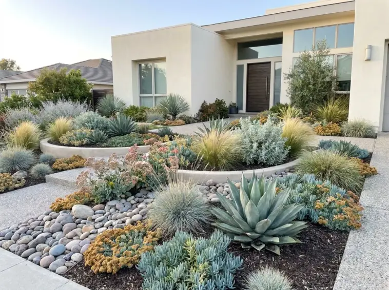 Beautiful high-end front yard xeriscape transformation with modern drought-tolerant landscaping.