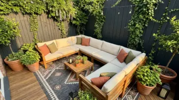 A beautifully styled small backyard patio featuring an oversized sectional, large outdoor rug, vertical garden, and dark painted fence to maximize space.