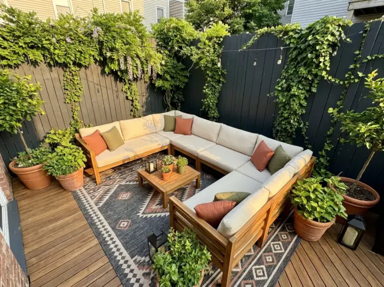 A beautifully styled small backyard patio featuring an oversized sectional, large outdoor rug, vertical garden, and dark painted fence to maximize space.