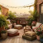 A lush outdoor patio makeover with curated plants used instead of traditional furniture to create a cozy garden space.