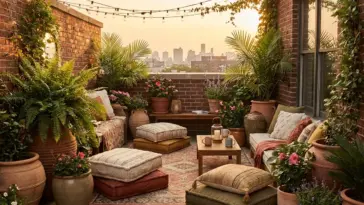 A lush outdoor patio makeover with curated plants used instead of traditional furniture to create a cozy garden space.