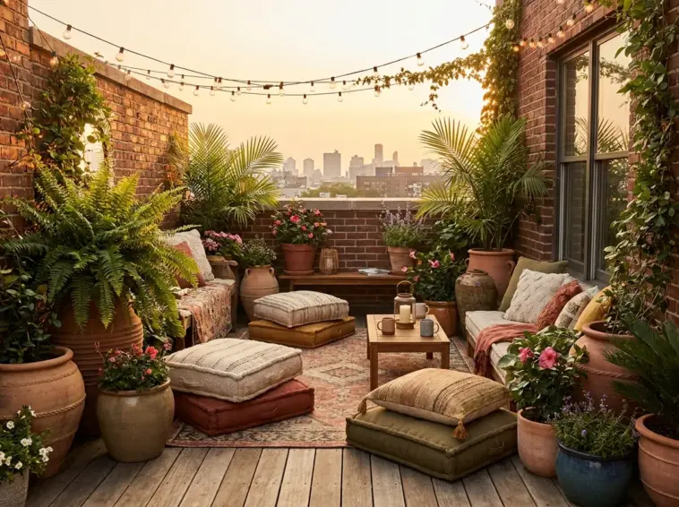 A lush outdoor patio makeover with curated plants used instead of traditional furniture to create a cozy garden space.