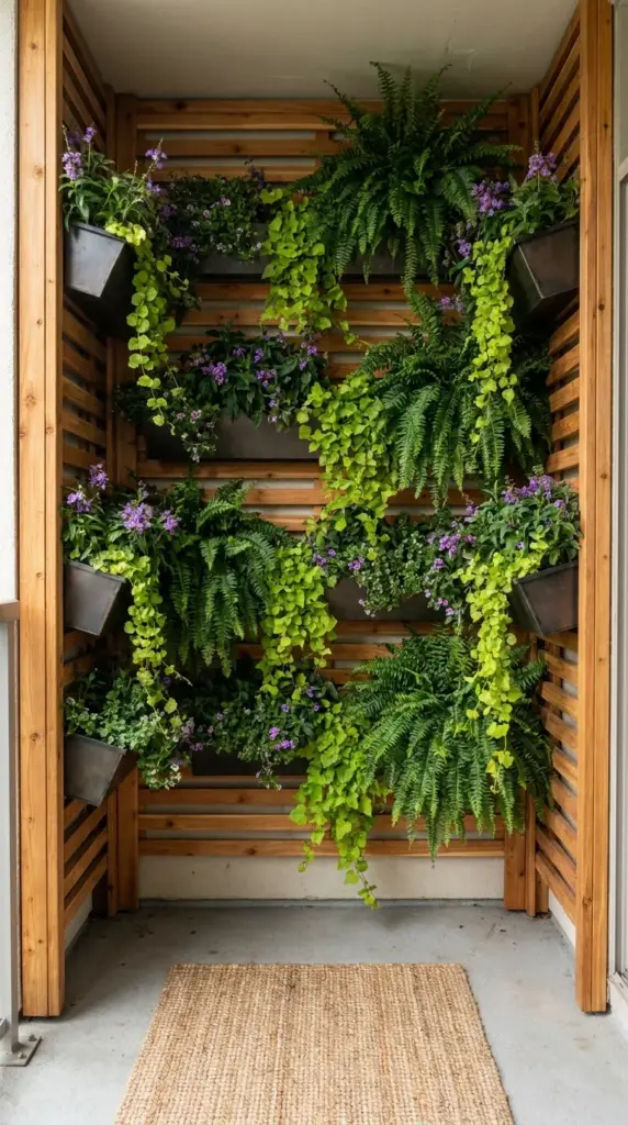 Vertical living wall oasis saving floor space on a tiny apartment balcony.