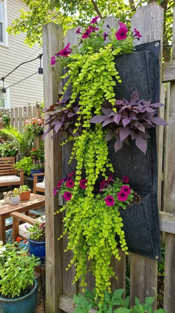 DIY vertical gardening wall pockets with cascading trailing plants hanging on a wooden privacy fence.
