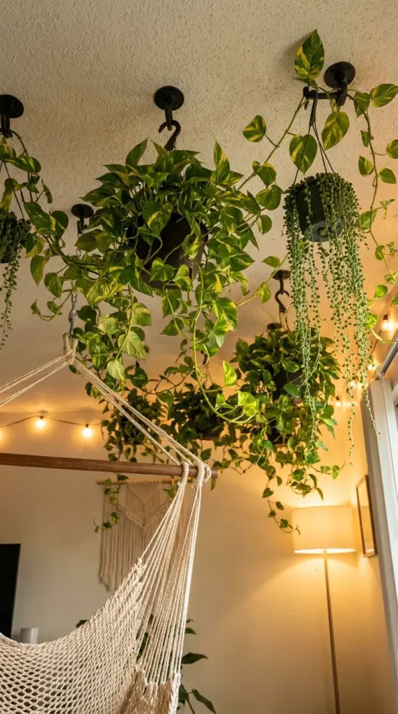 Fast-growing trailing indoor plants like pothos hanging safely from ceiling hooks to create an indoor jungle canopy in an apartment.
