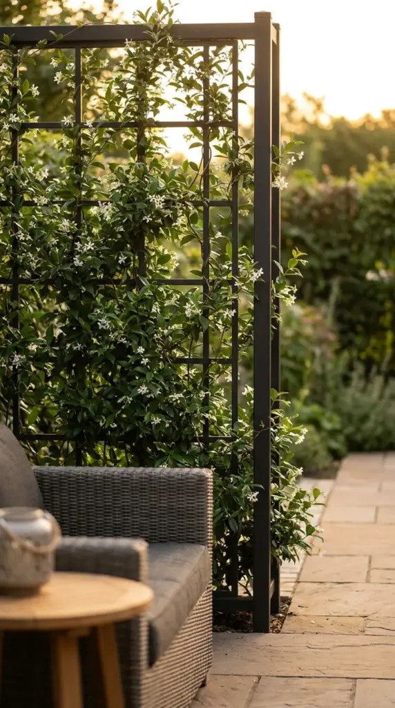 Modern metal trellis acting as a vertical garden wall covered in climbing jasmine for outdoor patio privacy.
