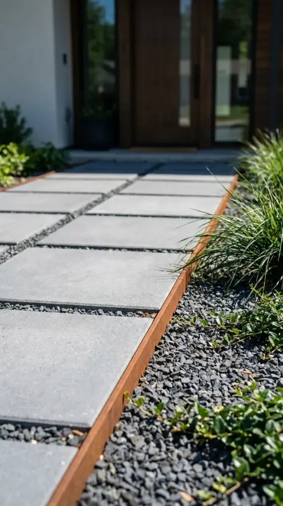 Crisp path edging using modern steel bender board along a concrete paver walkway in a low-maintenance garden.