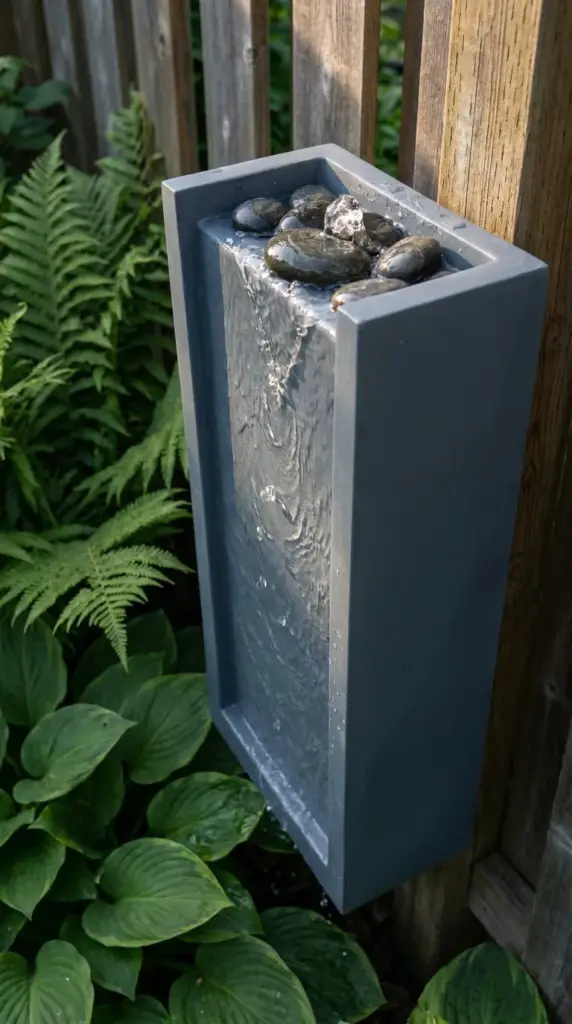 Small outdoor wall fountain water feature mounted on a fence post to create a sensory backyard sound barrier.