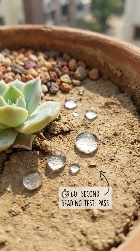 Water droplets beading on hydrophobic soil during a garden drainage test.