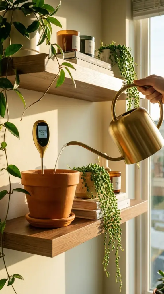 Using an indoor plant moisture meter and brass watering can to carefully water an indoor rosemary plant.