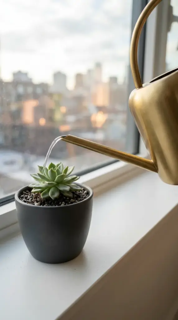 How to water succulents correctly using the deep soak and dry method near a window with bright indirect light.