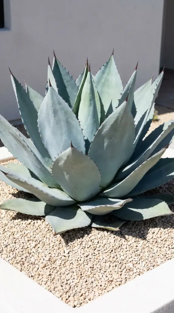 A large sculptural Whale's Tongue Agave as a focal point in a modern drought-tolerant backyard design.