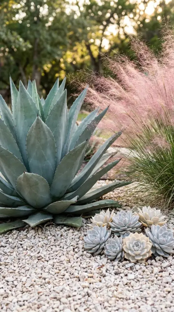 High-impact water-wise plants including structural agave and soft ornamental grasses in a front yard.
