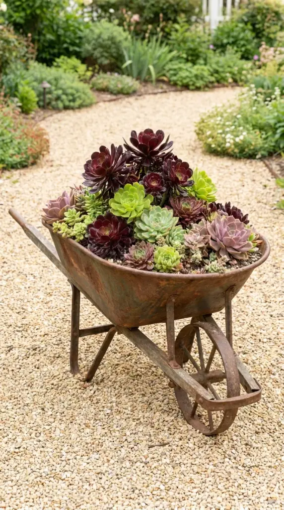 A vintage rustic metal wheelbarrow repurposed into an overflowing outdoor succulent planter on a gravel path.