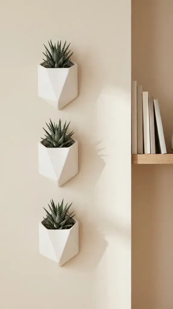 Floating white ceramic wall planters displaying small indoor succulents as modern vertical wall art.