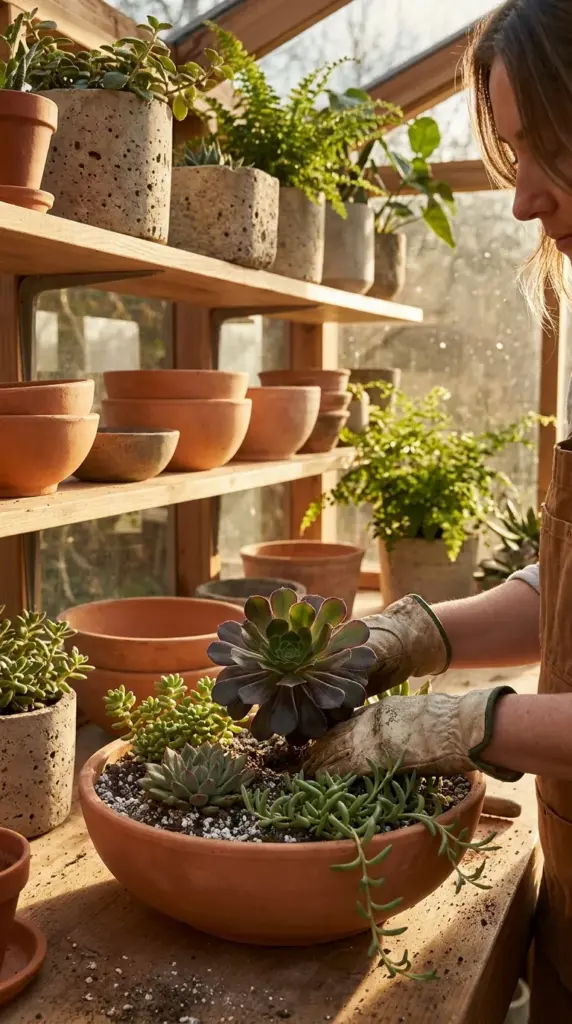 Hands designing a beautiful succulent arrangement in an unglazed terracotta pot using structural design rules.