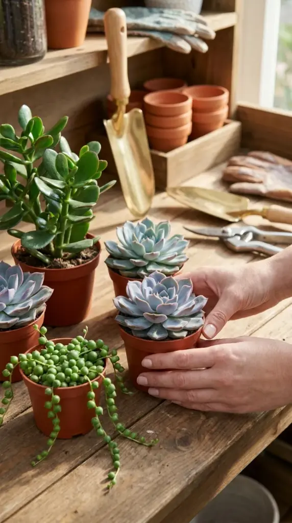 Selecting complementary succulent varieties using the thriller, filler, and spiller method for a garden design.