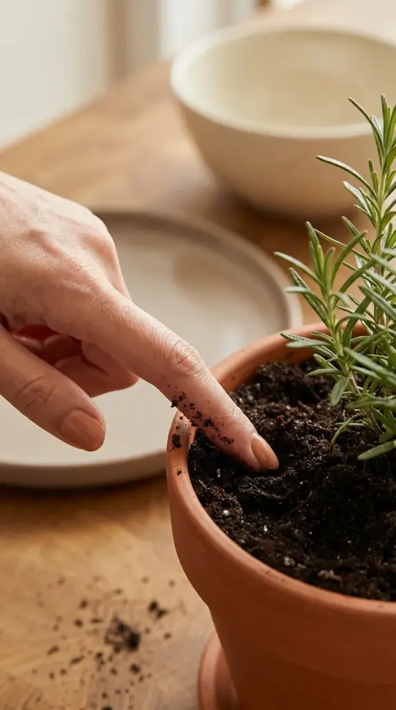 A woman checking the soil moisture of a rosemary plant with her finger to prevent overwatering.
