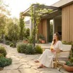 Modern drought-tolerant front yard landscape with sustainable plants and stylish outdoor decor under golden hour light.
