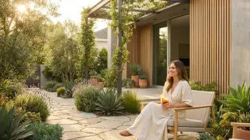 Modern drought-tolerant front yard landscape with sustainable plants and stylish outdoor decor under golden hour light.