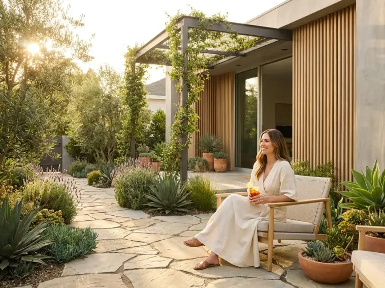 Modern drought-tolerant front yard landscape with sustainable plants and stylish outdoor decor under golden hour light.