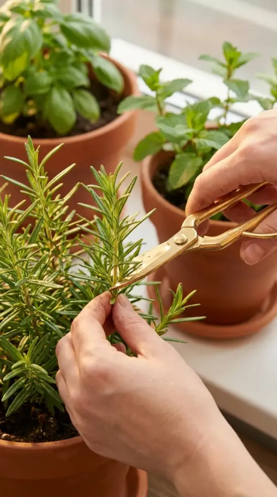 Woman harvesting fresh rosemary leaves from an indoor potted plant with brass gardening shears on a sunny windowsill.