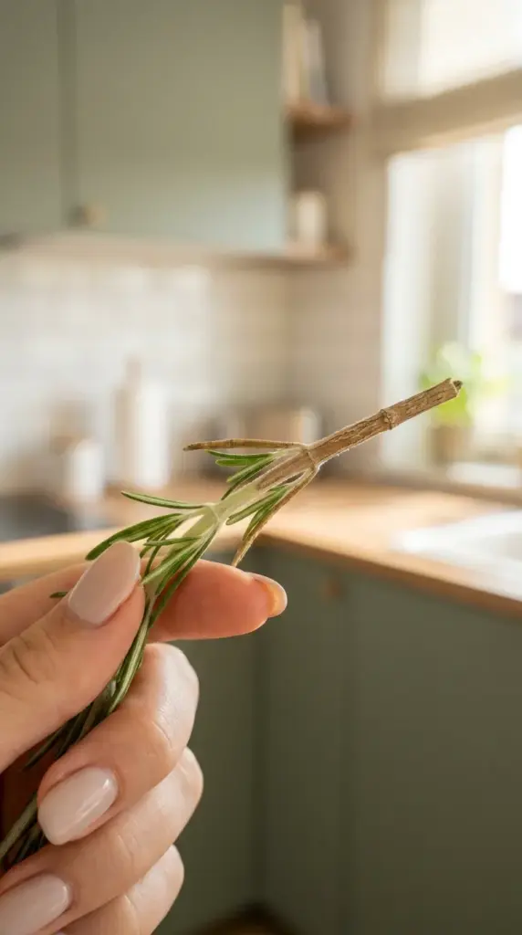 Close-up of a woman's hand holding a rosemary plant stem to inspect the pruning window.