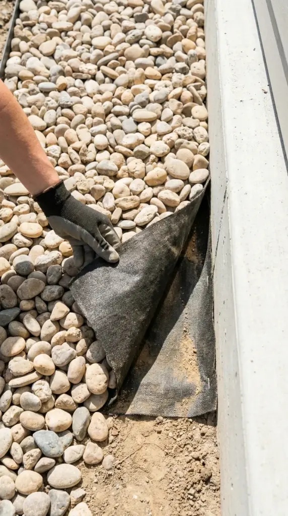 Homeowner inspecting landscape fabric water pooling beneath decorative stones near a home foundation.