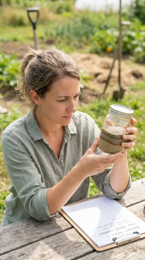 Transform Your Yard: Step-by-Step Drought Tolerant Landscape Execution on a Budget Before the Summer Heat Hits 3 A woman testing her soil type using a water-filled mason jar outdoors for a low-water landscape project.