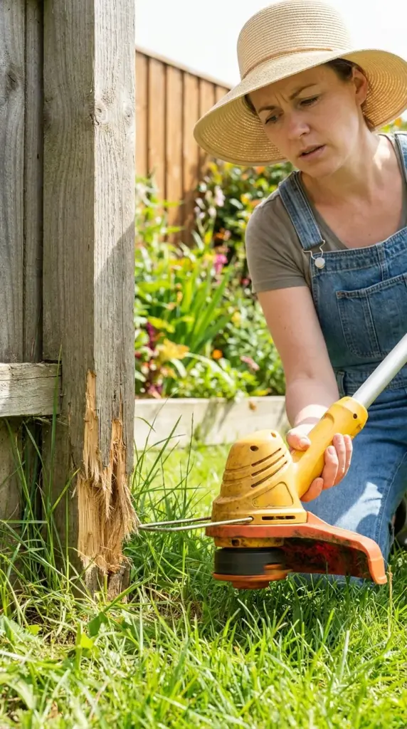 A homeowner holding a string trimmer looking at nicked wood at the base of a fence, showing common weed whacker damage.