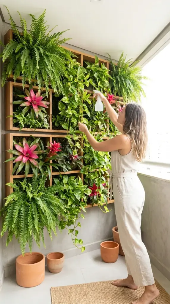 Woman watering a vertical living wall packed with lush tropical plants on an apartment balcony.