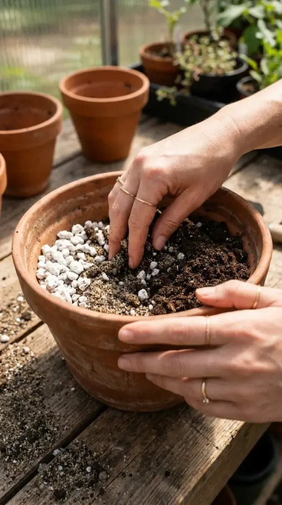 A homemade succulent soil mix recipe showing coarse sand, pumice, and loam for optimal drainage.