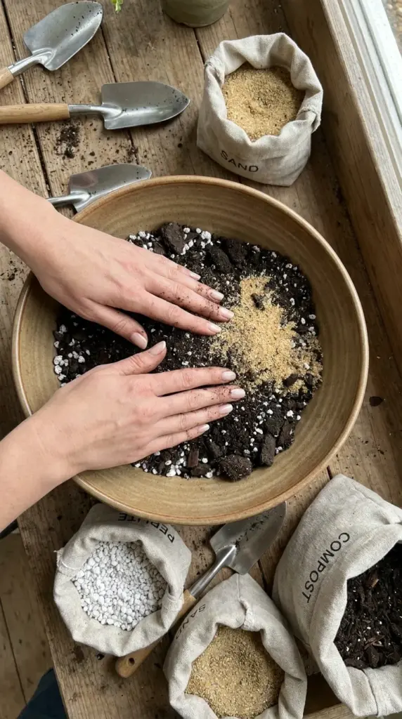 A person mixing a custom well-draining soil recipe with perlite and coarse sand for indoor rosemary.