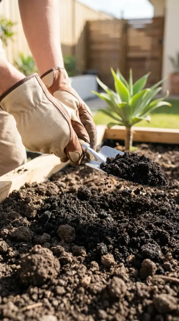 Close-up of amending garden soil with organic mulch and compost for a budget friendly landscaping project.