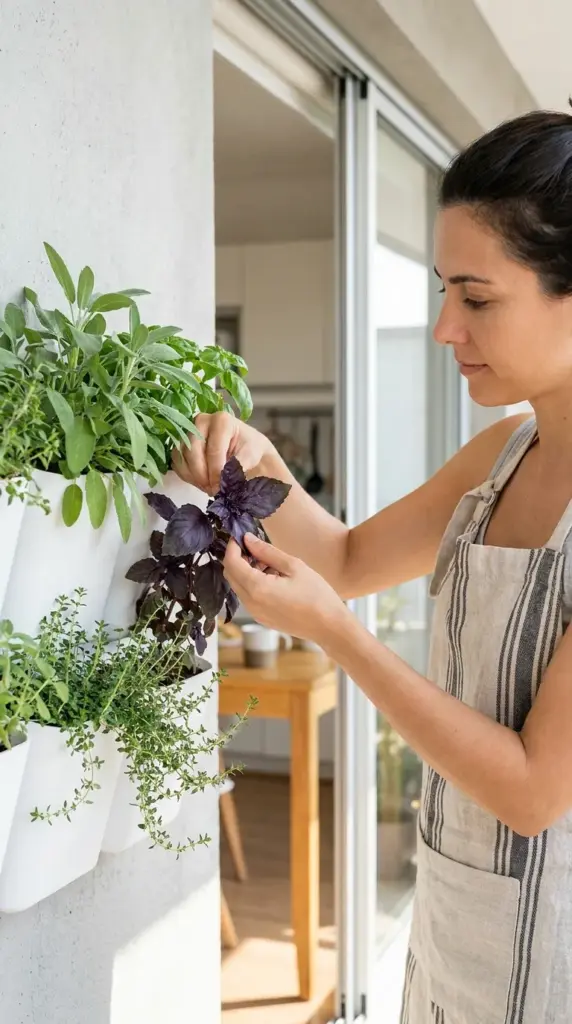 Modern wall mounted pocket planter filled with fresh culinary herbs like basil and thyme.