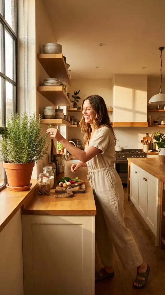 A stylish woman harvesting fresh rosemary from her windowsill herb garden in a modern, sunlit kitchen.