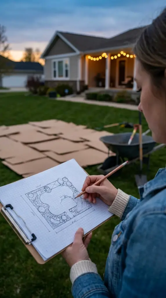 A woman planning a DIY weekend garden project with a landscape sketch in her front yard.