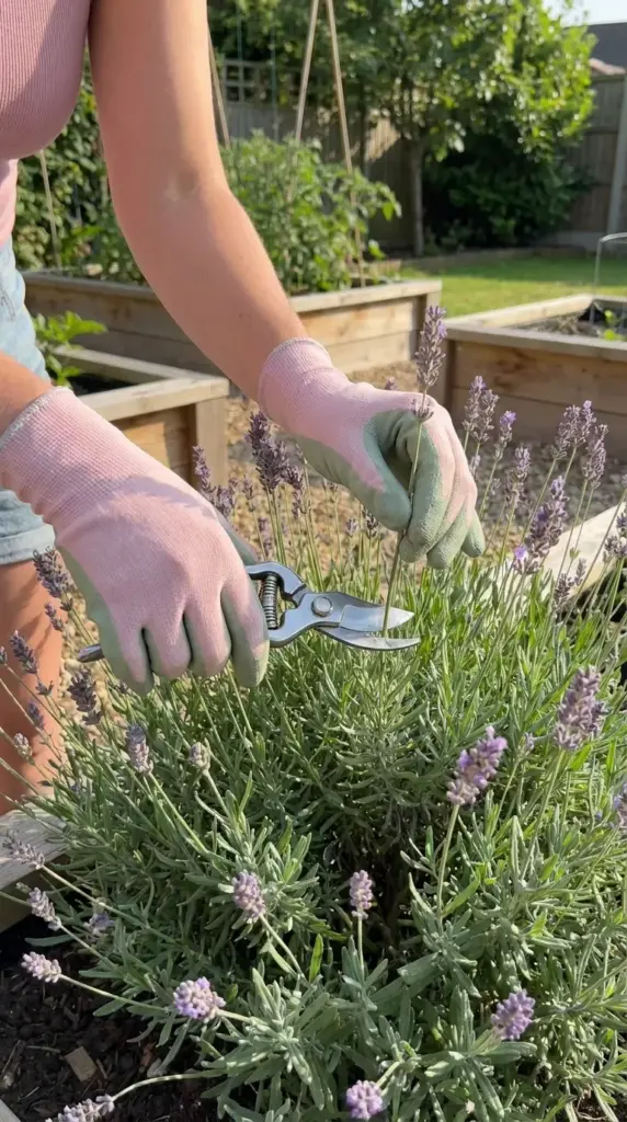 Gardener practicing pro pruning methods on a lavender plant for a low maintenance front yard.