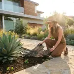 Modern drought tolerant front yard landscaping with agave and ornamental grasses showing an alternative to landscape fabric.