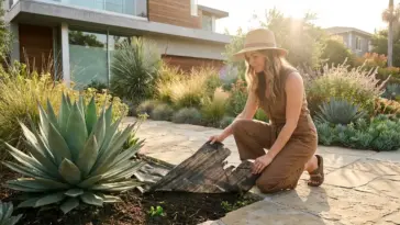 Modern drought tolerant front yard landscaping with agave and ornamental grasses showing an alternative to landscape fabric.