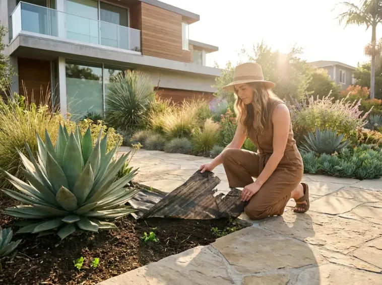 Modern drought tolerant front yard landscaping with agave and ornamental grasses showing an alternative to landscape fabric.